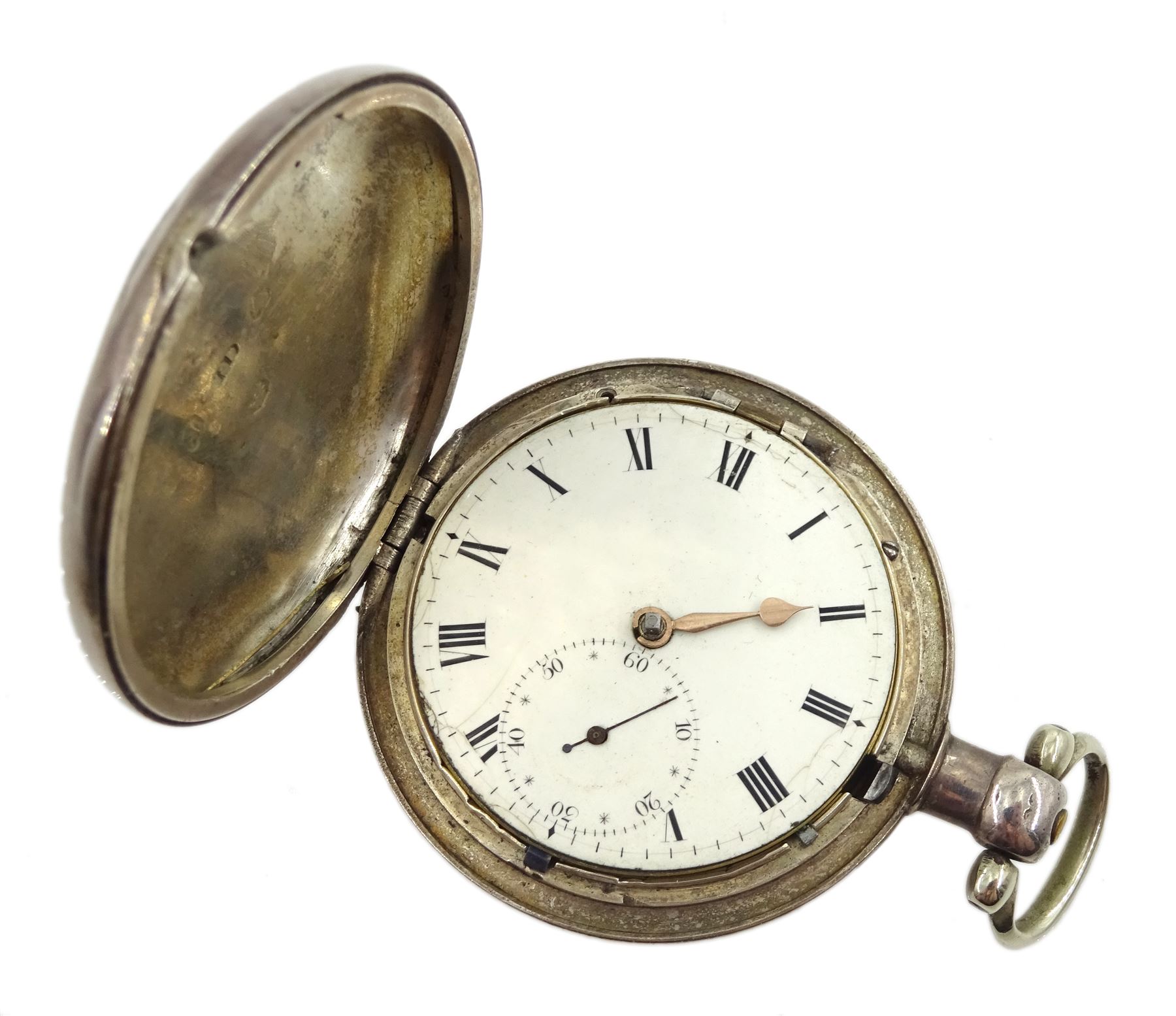 George IV fusee pocket watch by D Gafs, 42 Oxford Street London, No. 452,  engraved balance cock decorated with a mask and diamond endstone, white enamel dial with Roman numerals and subsidiary seconds dial, case by John Dyer, London 1822