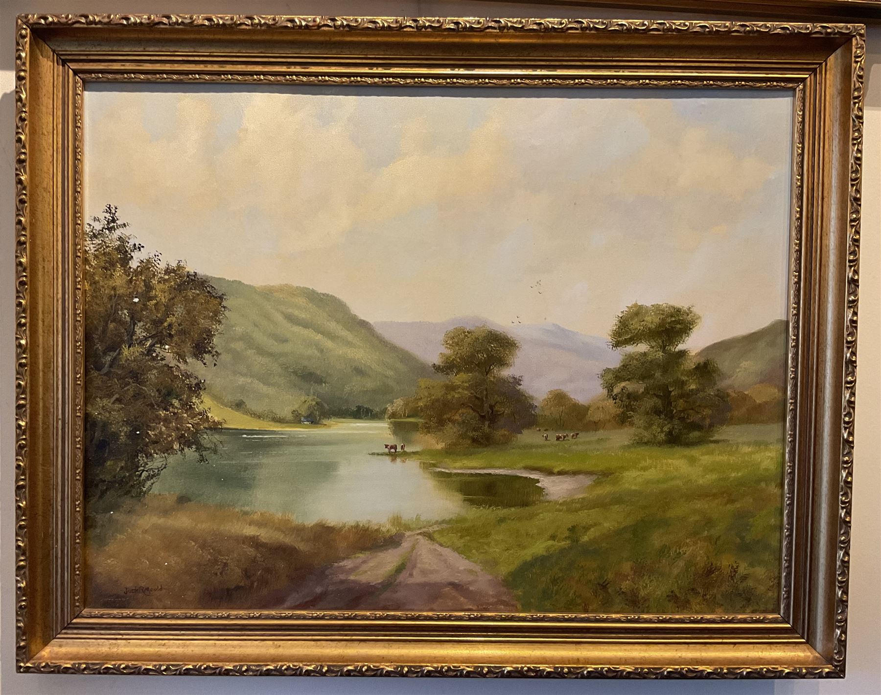 Jack R Mould (British 1925-1998): River Landscape with Cattle Watering, oil on canvas signed 45cm x 60cm