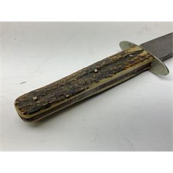 Hunting knife by J Nowill & Sons, Sheffield, the handle inset with mother of pearl, blade length 19cm; George Wolstenholme IXL lock-knife with antler scales L29cm open; and another Bowie style hunting knife marked 'V.R. Warranted Sheffield Joseph Ellis & Sons' in leather sheath (3)