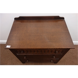  Medium oak chest, raised back, three drawers, fluted stile supports, W71cm, H83cm, D46cm  