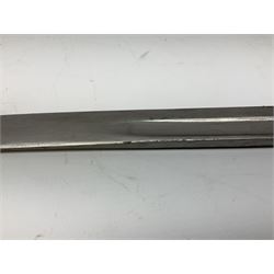 Turkish Model 1874 sword bayonet with 57.5cm curving steel fullered blade and chequered black grip, in steel mounted leather scabbard L75.5cm overall