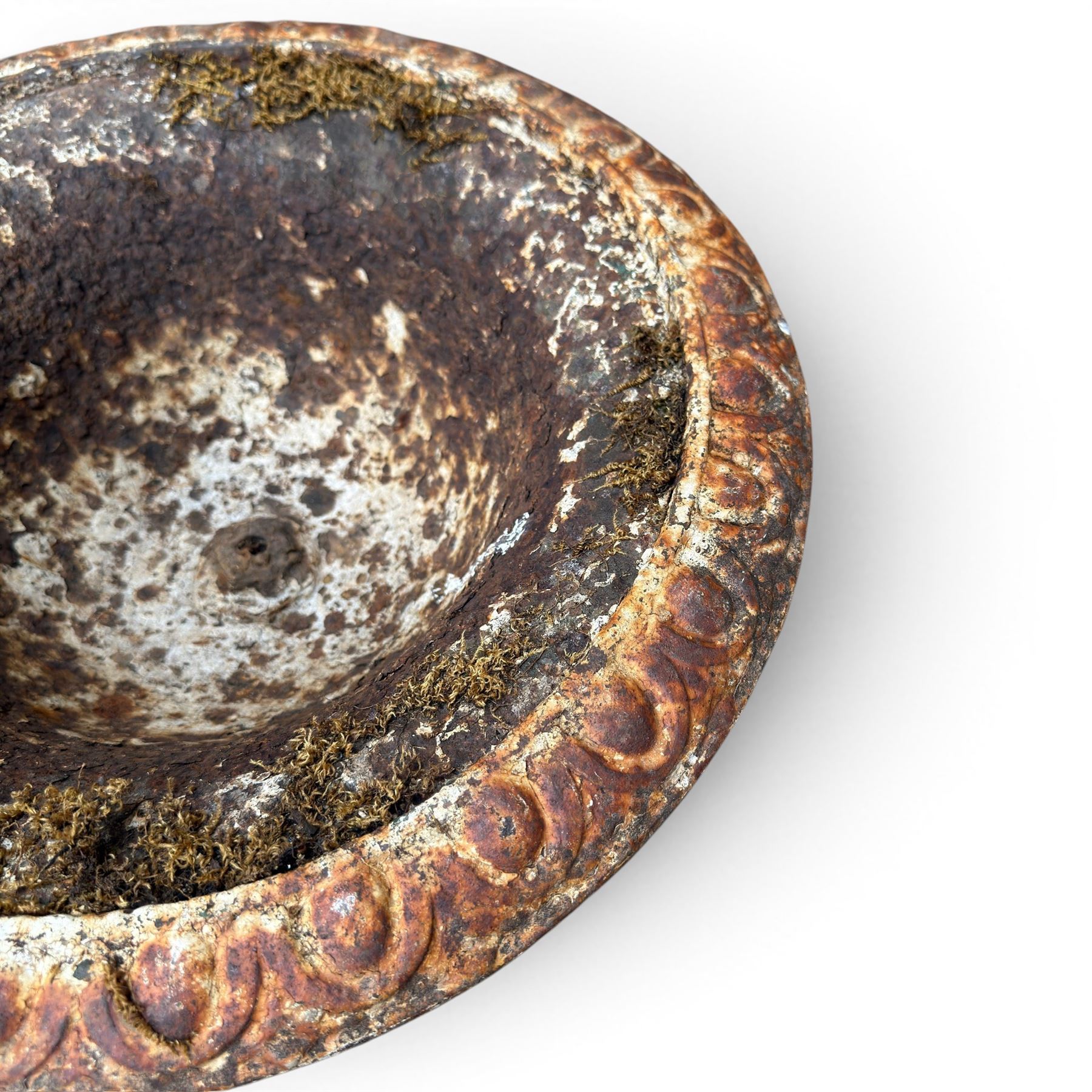 Victorian cast iron garden urn, egg and dart rim with shallow bowl, raised on stepped circular pedestal, finished in weathered white paint 