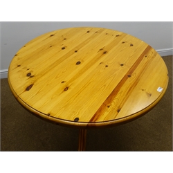  Circular pine table, single turned column on three splayed supports (D105cm, H76cm) and three beech farmhouse style chairs  