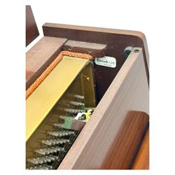 Knight - 20th century upright piano, in polished mahogany case with fall-front lid and twin brass pedals, complete with matching storage bench upholstered in brown fabric with receipt from Harrods (H 50cm x D 37cm W 95cm) 