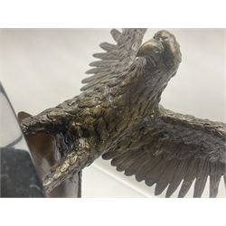 Bronze eagle, modelled in a standing position with wings spread, raised on a black veined marble circular plinth base, H29cm