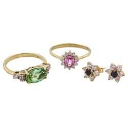 Gold pink sapphire and white topaz cluster ring, gold green tourmaline and diamond chip ring and a pair of gold cubic zirconia stud earrings, all 9ct