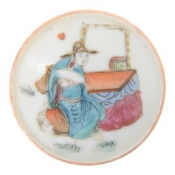 Chinese famille rose cylindrical lidded jar, hand-painted with figural decoration to cover and floral sprigs and insects to body, together with a similar Chinese porcelain lid, jar H4cm