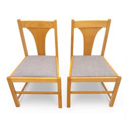 Habitat - contemporary light oak dining table, rectangular veneered top, with mitred border veneer over square section legs, with six beech upholstered chairs in grey fabric, open back with central splat, raised on square section legs, W52xD44xH88cm