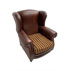 Gainsborough Lounge Suites - three piece leather and fabric lounge suite - pair two seat sofas (W225cm, H82cm, D105cm), and matching armchair (W88cm), on turned front feet with scatter cushions