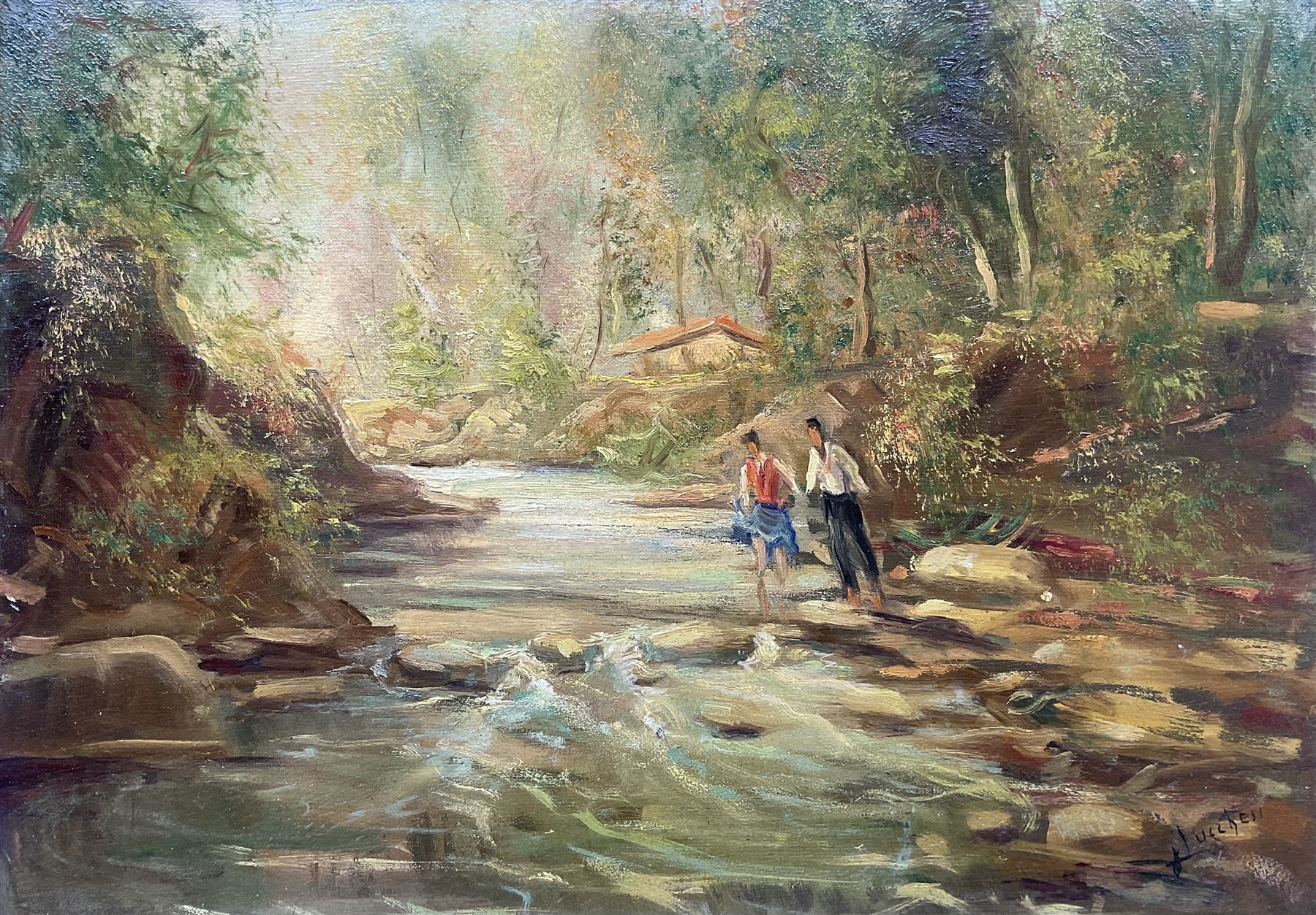 Giorgio Lucchesi (Italian 1855-1941): Figures Crossing a River in Wooded Landscape, oil on panel signed 32cm x  45cm