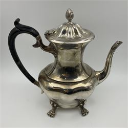 Five piece Edwardian silver tea service, comprising teapot and coffee pot, each with ebonised scroll handle, tea caddy with hinged cover, twin handled open sucrier, and milk jug, each of rounded bombe form, upon four paw feet, hallmarked William Adams Ltd, Birmingham 1904 and 1905, coffee pot H26cm
