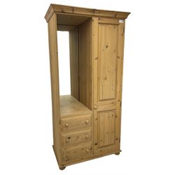 Traditional pine combination wardrobe, recessed cupboard with mirror back, fitted with single cupboard and three drawers