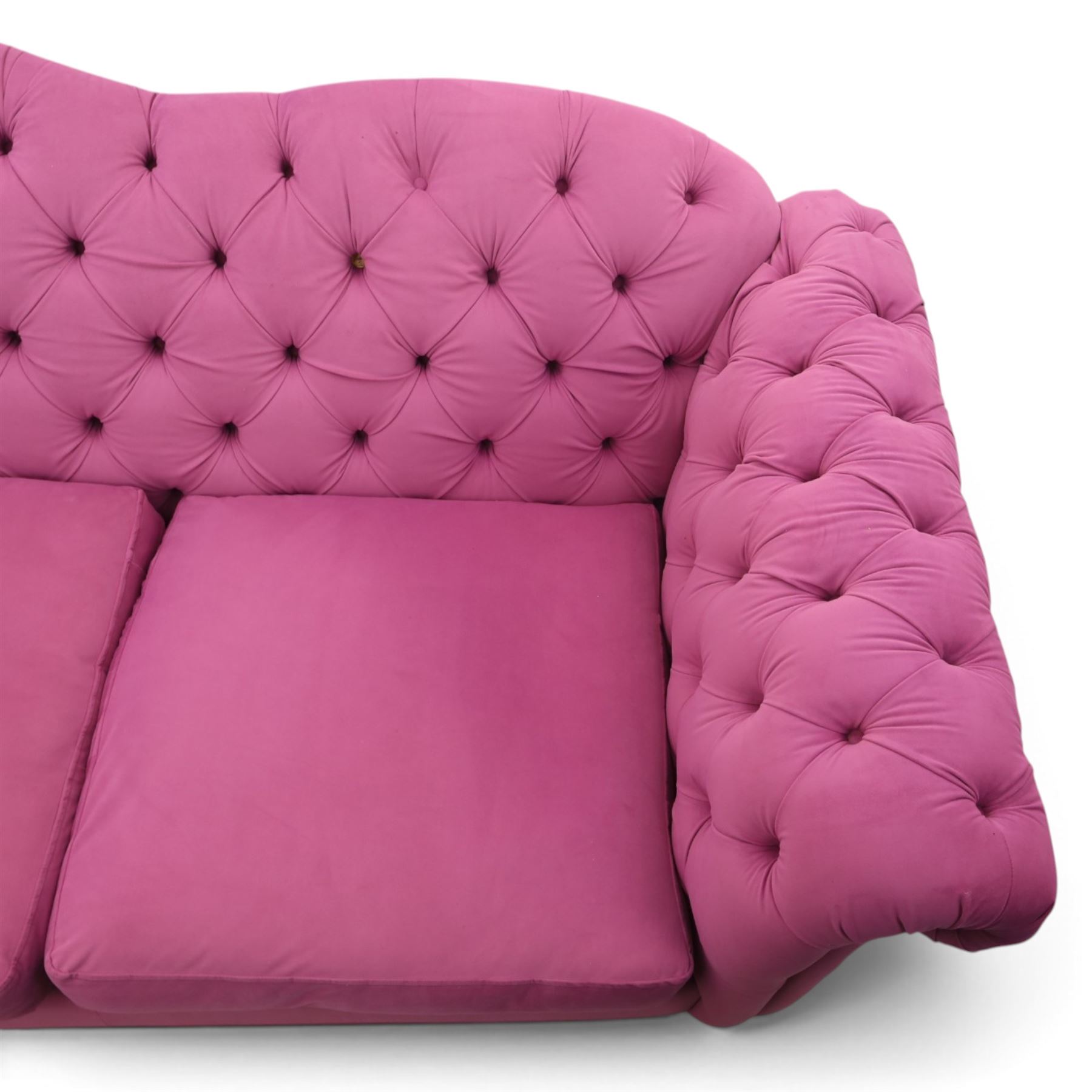 Joules - Windsor Chesterfield three seater sofa in pink velvet, shaped back with deep buttoned sides, loose seat cushion raised on turned and shaped supports