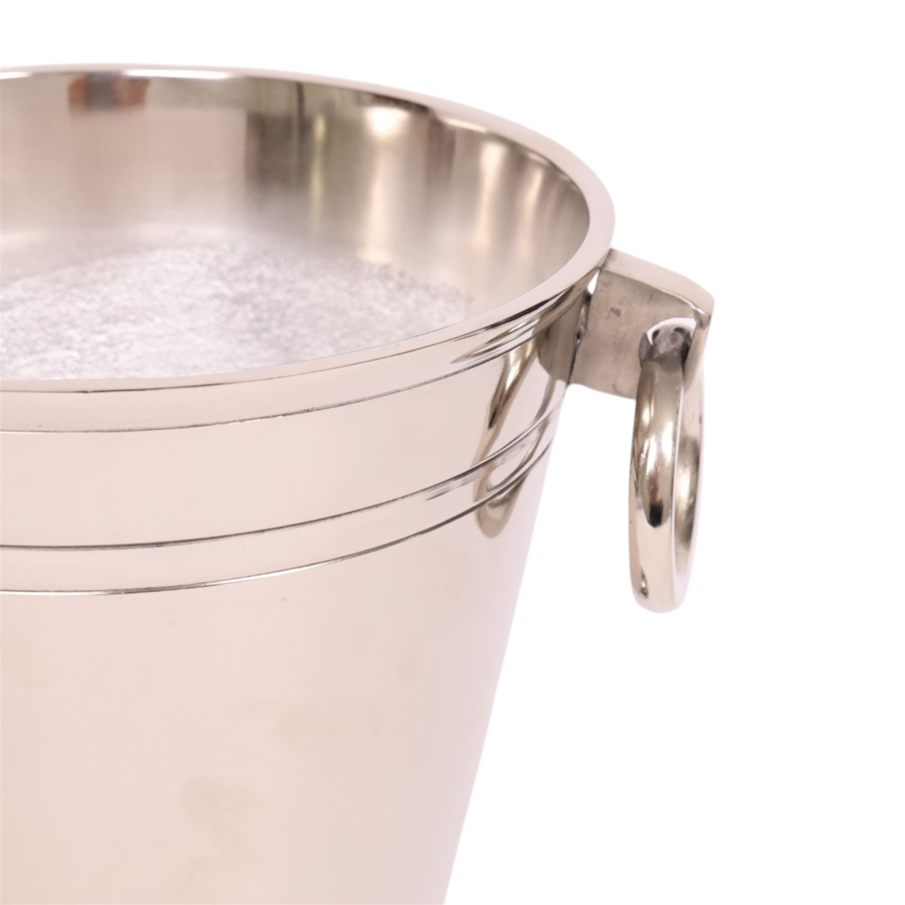 Pair champagne/ wine coolers, each with ring handles, upon a stepped circular base, H28cm