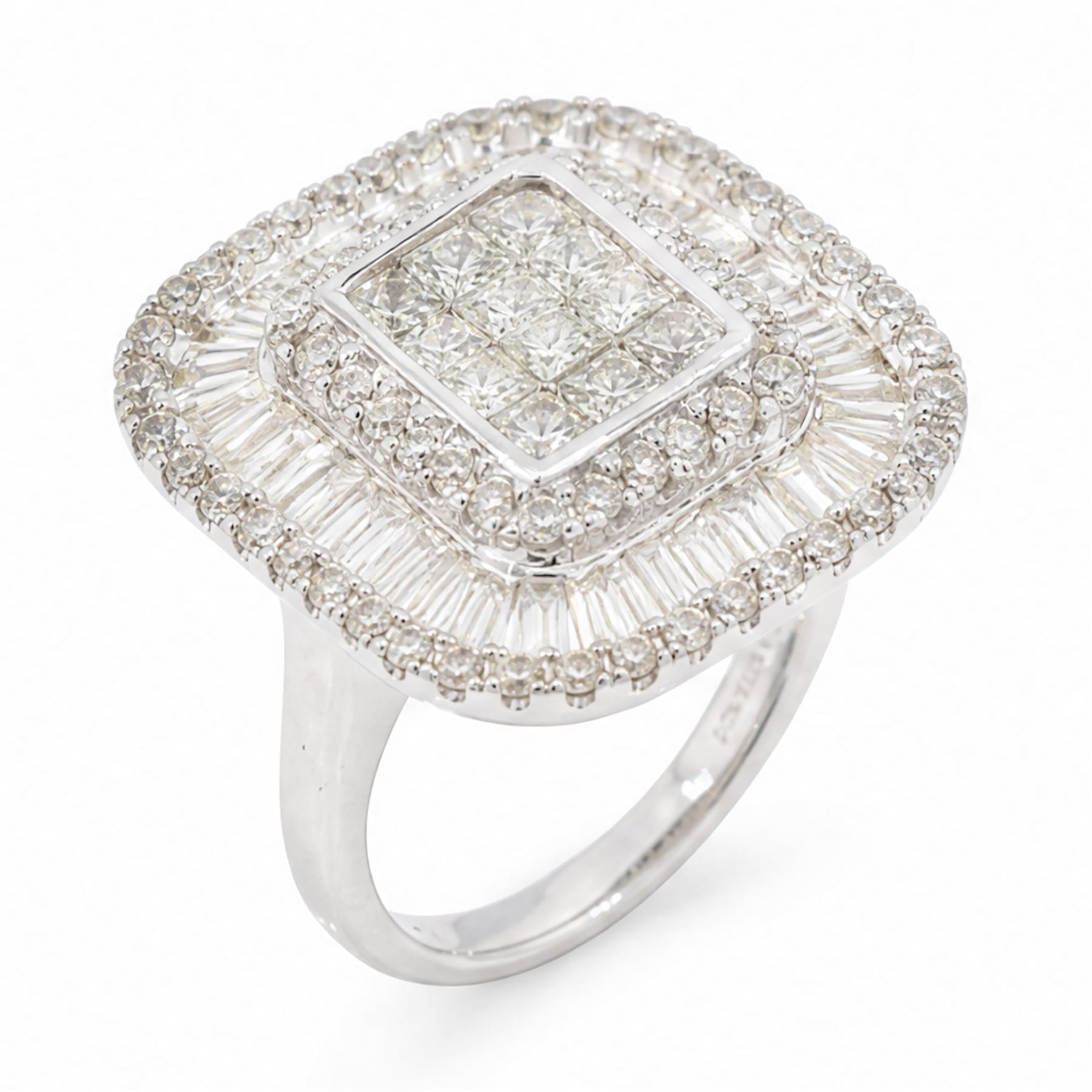 White gold diamond cluster ring, pave set with princess cut, baguette cut and round brilliant cut diamonds, hallmarked 9ct, total diamond weight 3.40 carat