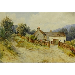  Albert Edward Boler (British 1865-1938): Country Cottages, two watercolours signed, one dated 1900, 23cm x 24cm and Moorland Landscape, early 20th century watercolour indistinctly signed 26cm x 36cm (3)  