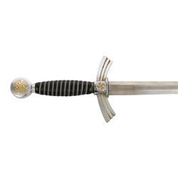 German Third Reich Luftwaffe Officers Dress Dagger by Alcoso Solingen, the 30cm double edged blade marked Alcoso Solingen, with plated down-swept quillons and pommel bearing swastika, wire-bound blue leather grip, the leather covered sheath with mounts and hanging chains, overall L50cm 