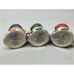 Three Royal Doulton The Mickey Mouse Collection figurines comprising Mickey Mouse MM1, Minnie Mouse MM2, and Goofy MM5, together withe three Royal Doulton limited edition miniature snowman character jugs comprising Christmas Stocking Snowman D7124, Christmas Cracker Snowman D7158 and Snowman D7062, all with original boxes 