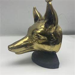 Brass fox mask and hunting whip door stop, H46cm