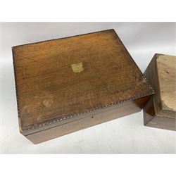 Early 20th century oak canteen box, the hinged lid decorated with marquetry banding and brass shield shaped plaque lifting to reveal red lined interior with lift out tray,  together with a walnut writing slope for restoration, largest L41cm, H44.5cm D33cm