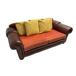 Gainsborough Lounge Suites - three piece leather and fabric lounge suite - pair two seat sofas (W225cm, H82cm, D105cm), and matching armchair (W88cm), on turned front feet with scatter cushions