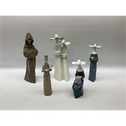 Three Lladro figures of nuns comprising Prayerful Moment no. 5500, Time to Sew no. 5501 and Two Nuns model no. 4611, together with figure of a monk no. 2060, and further Lladro bell figure