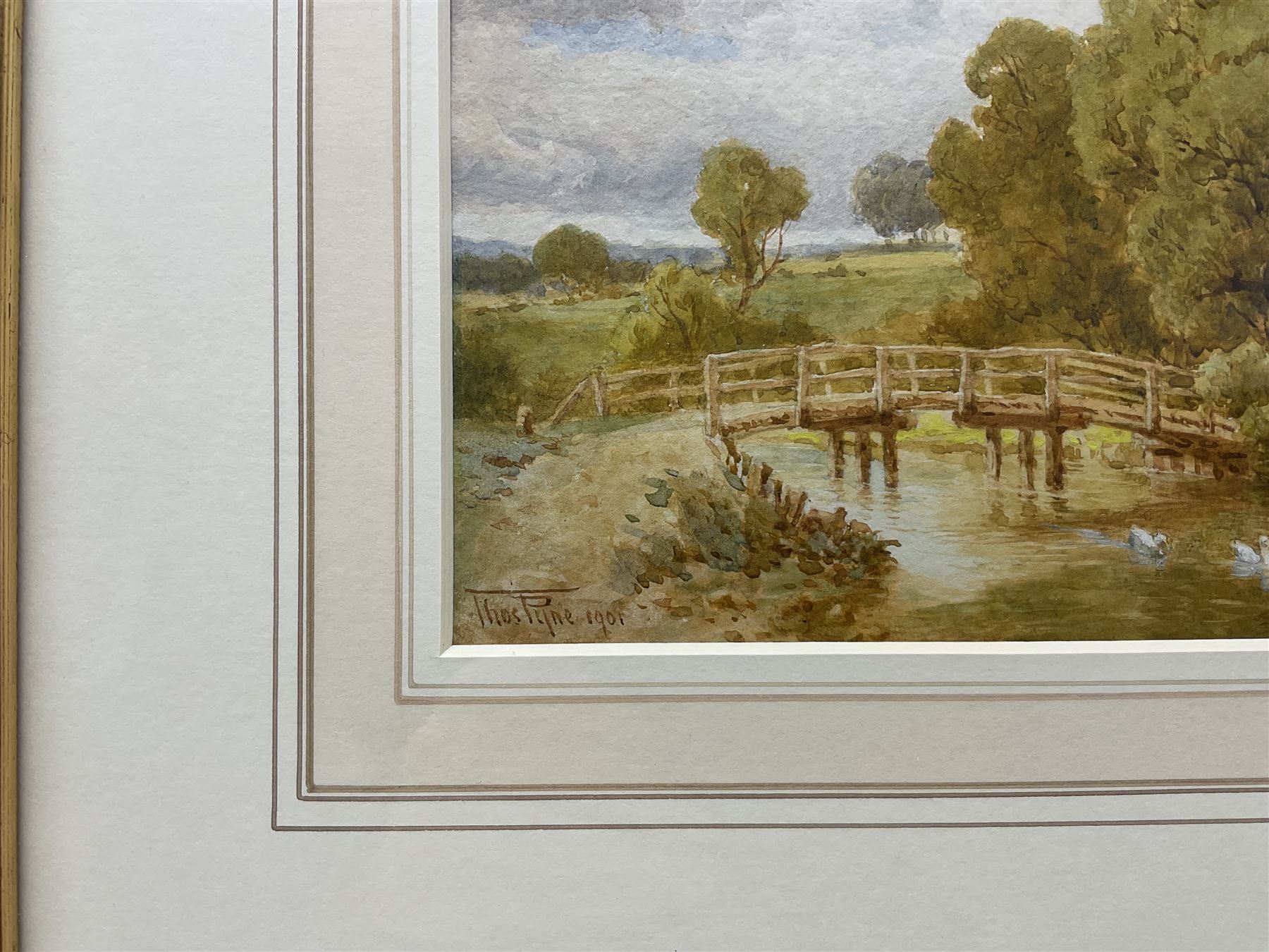 Thomas Pyne RI (British 1843-1935) Ducks in a Pond by a Bridge, watercolour signed and dated 1901, 13cm x 18cm; Walter Duncan (British 1848-1932): Punting on the River, watercolour signed and dated 1907, 13cm x 21.5cm (2)