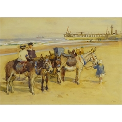  John Atkinson (Staithes Group 1863-1924): Donkeys on the Beach at Whitby, watercolour heightened in white signed 27cm x 36.5cm  