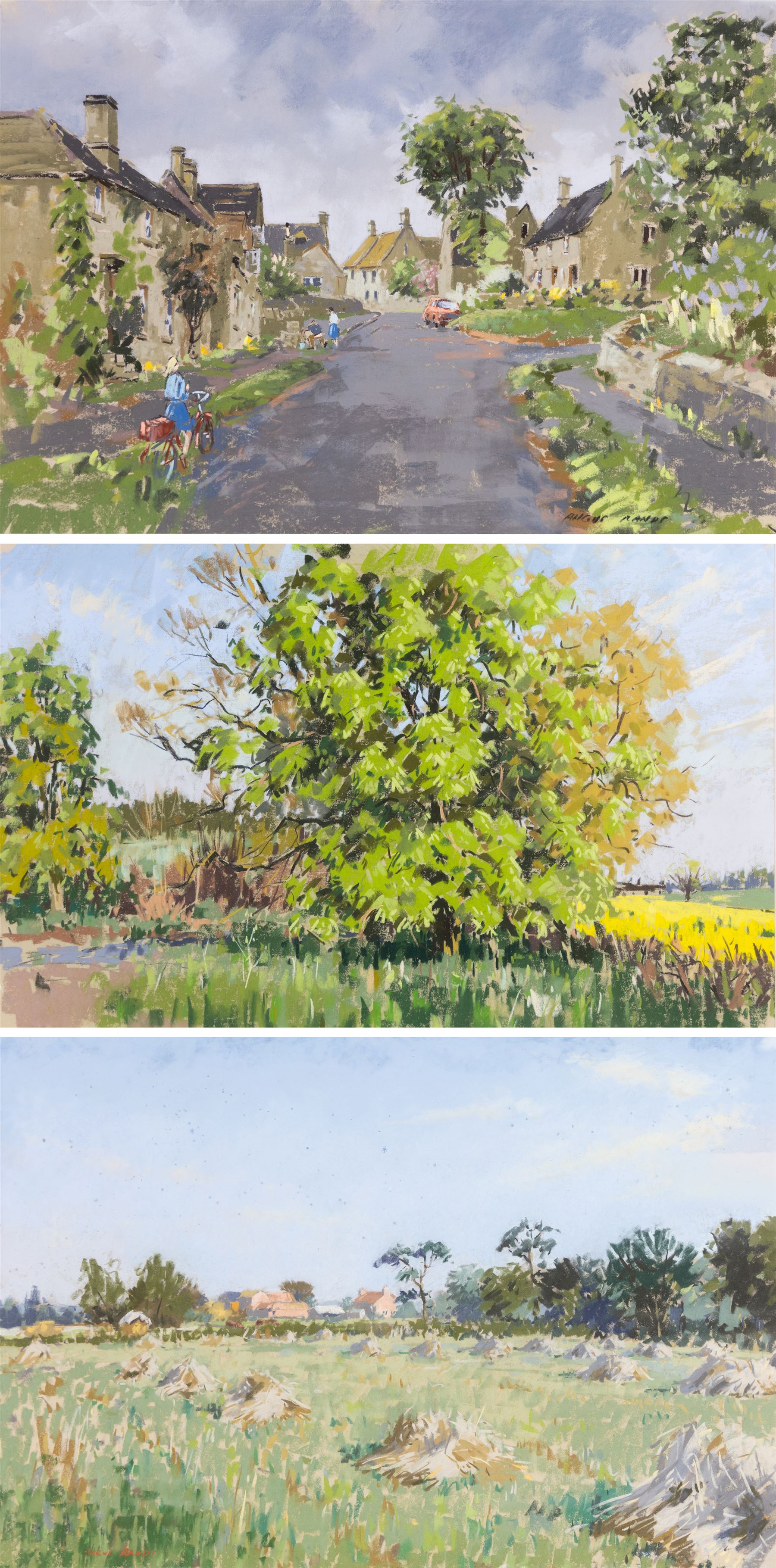 Angus Bernard Rands (British 1922-1985): Village Haystacks and Trees, three pastels signed, largest 44cm x 70cm (3)