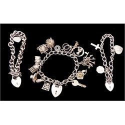 Three silver charm bracelets, each with heart padlock clasps and charms including hedgehog, Toby jug, top hat and birdcage 