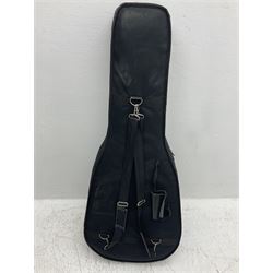 1950s acoustic guitar with f-holes and pickguard L105cm; black fur lined hard carrying case