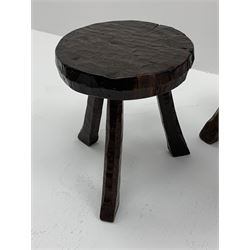 Collection of three mid 20th century stools by Jack Grimble of Cromer - rectangular tooled oak seat on four splayed supports (38cm x 31cm, H35cm), circular tooled burr oak seat on three supports (D29cm, H35cm), shaped burr top on three supports (L44cm, H45cm), each signed underneath