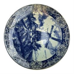 Ten Delft and similar chargers, including Delfts Blauw and Boch examples, largest D40cm