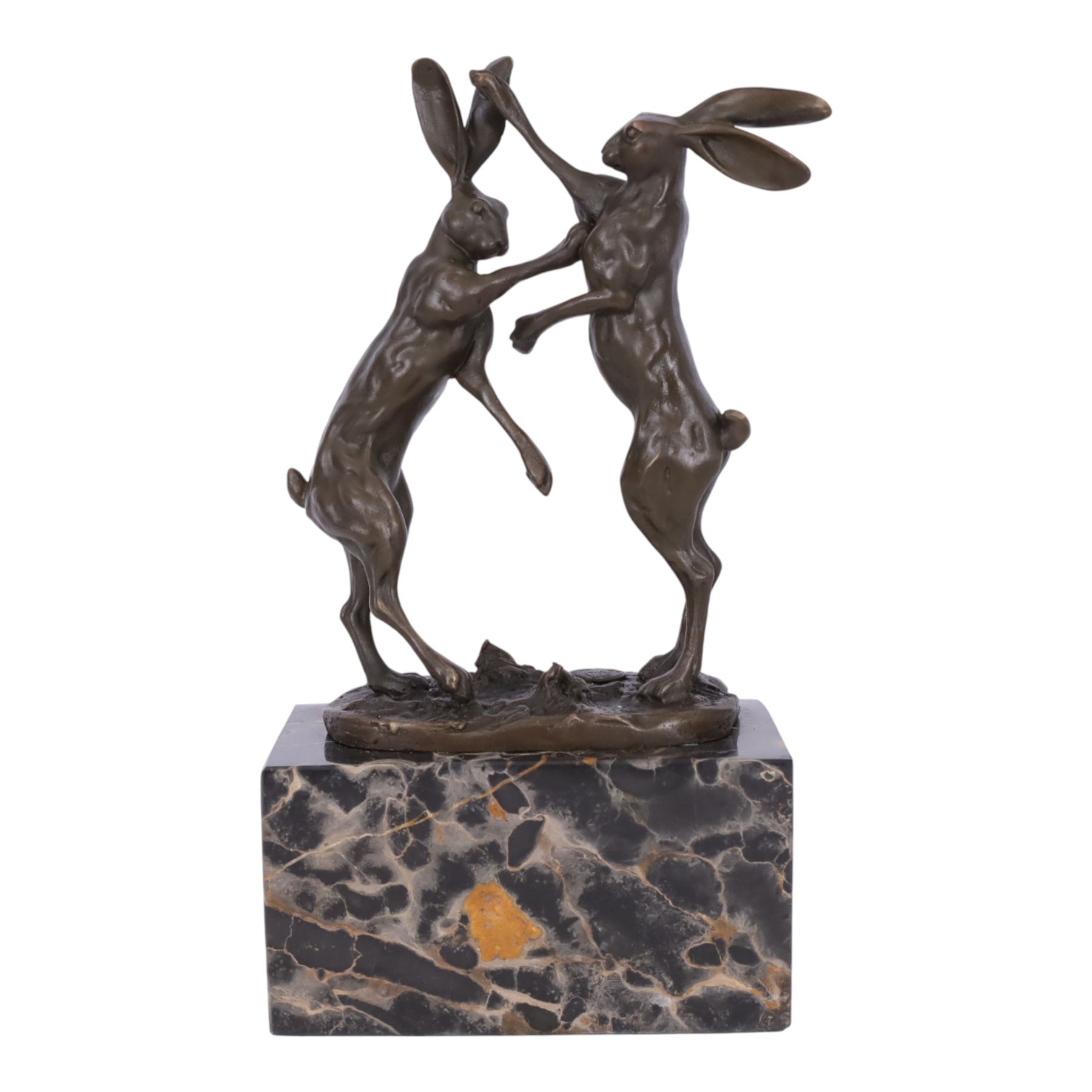 After Mario Nick; two hares boxing, bronze figure group, signed Nick and bearing foundry mark, upon rectangular plinth, overall H23.5cm