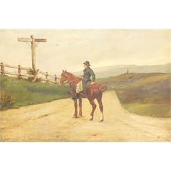 G Swift (British late 19th century): Man on Horseback at a Crossroads, oil on canvas signed and dated 1890, 49cm x 75cm