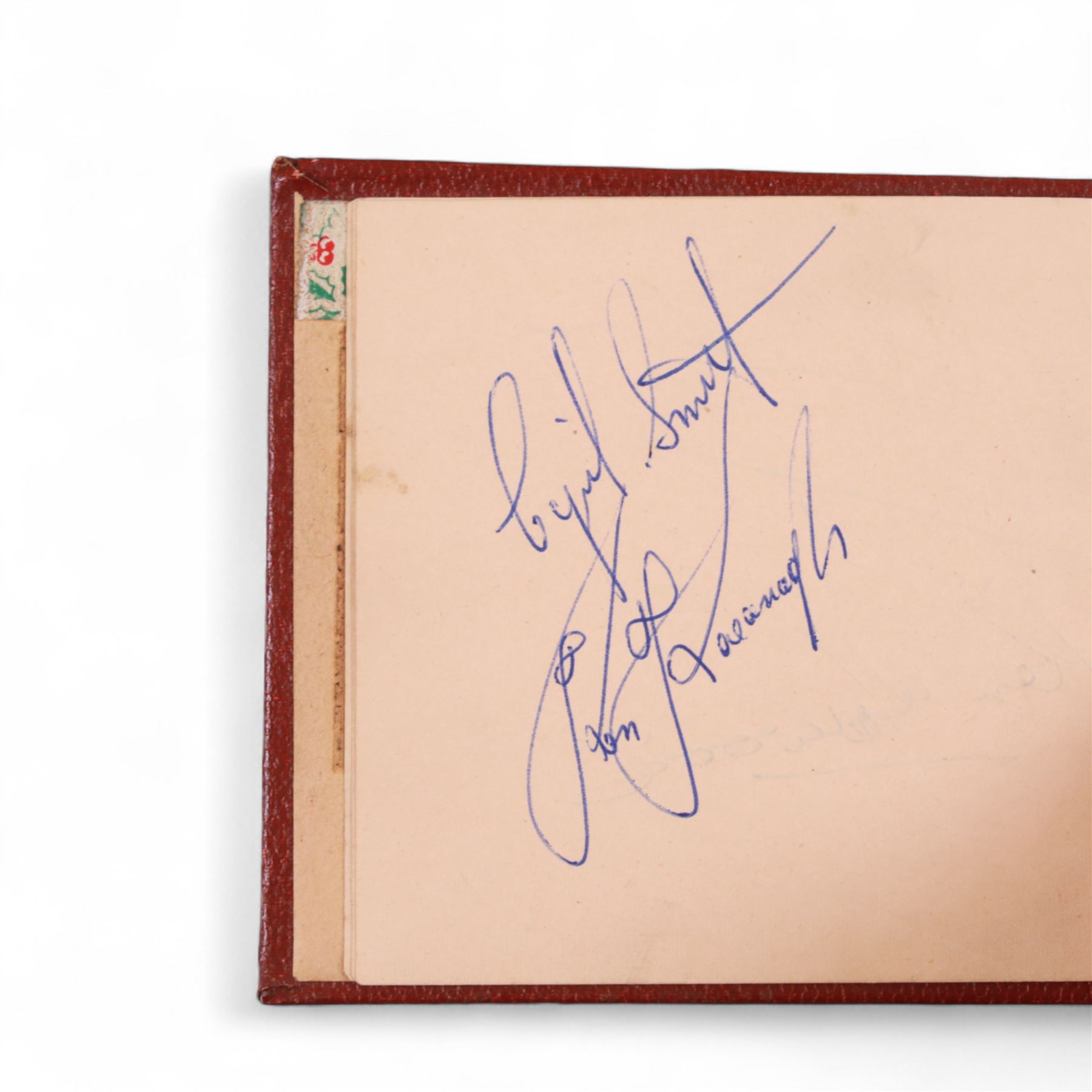1950s autograph book, containing mostly motorcycle racing signatures, including four-time World Sidecar Champion Eric Oliver, 1952 Sidecar World Champion Cyril Smith and1955 Junior TT Champion Jack Bailey, in red leather case with gilt lettering 
