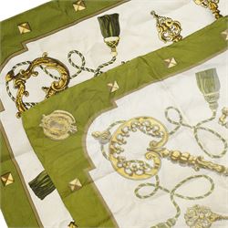 Hermes 'Les Clefs' silk scarf in green and gold colourway, designed by Cathy Latham, 86cm x 90cm 