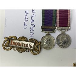 Eleven medal miniatures including Turkish Crimea, OBE (Civil), WW2 Burma Star and France/Germany Star, two pairs of WW2 War/Defence medals, LSGC etc; and two military badges