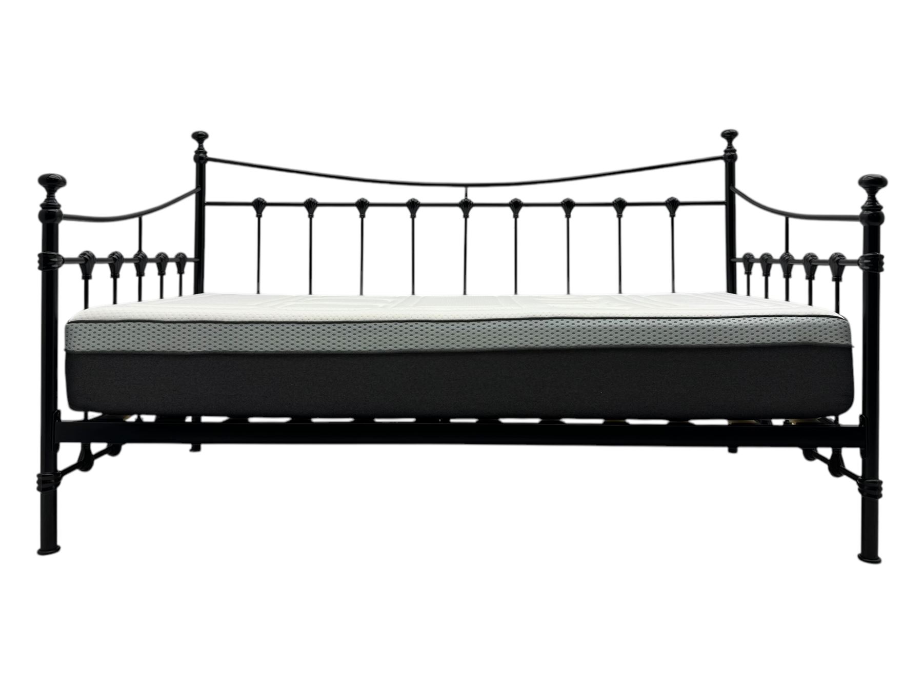 Contemporary Victorian revival black metal day bed, featuring arched back and sides with turned finials and spindle rails, complete with single 'OTTO' mattress