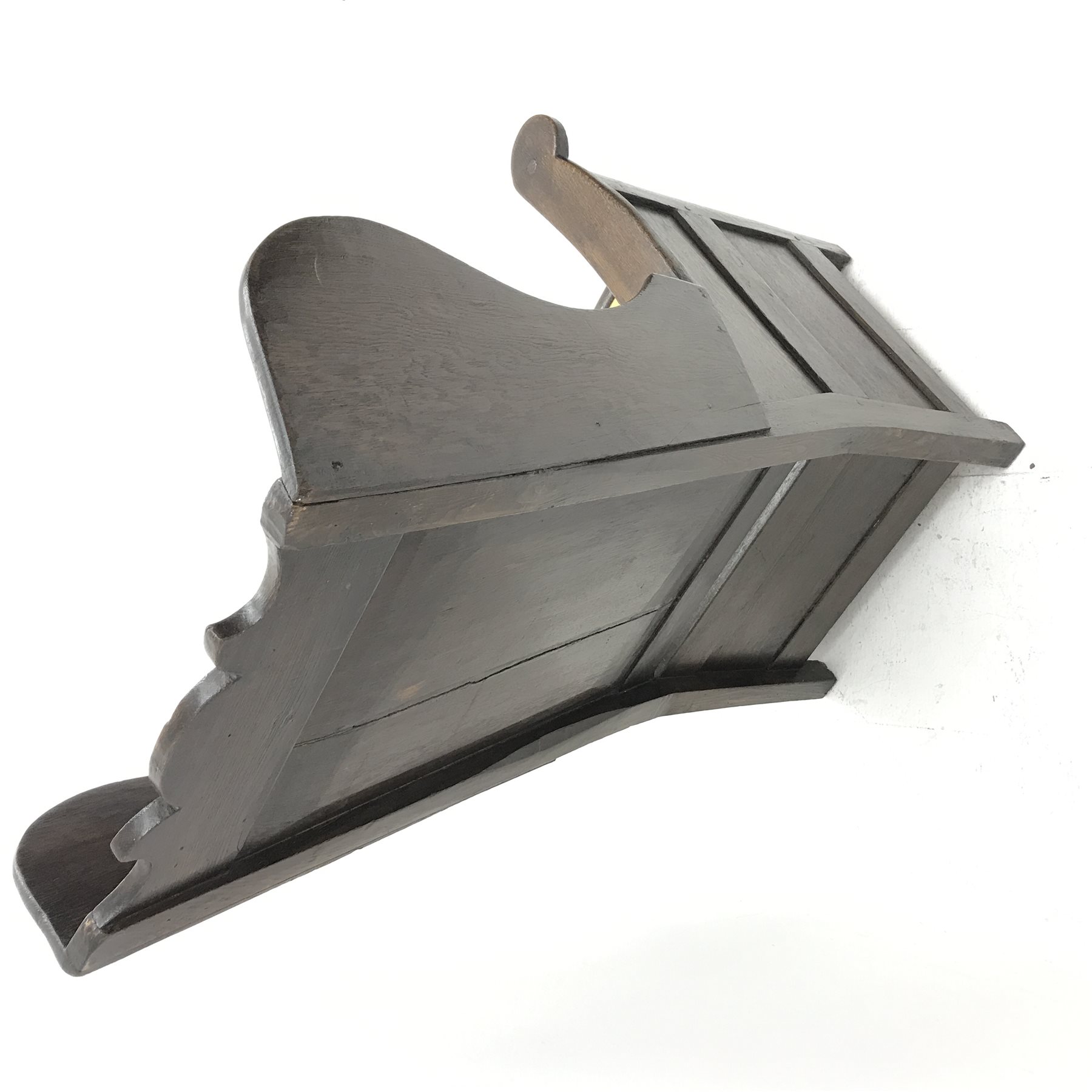 18th century Yorkshire Dales oak lambing chair, shaped cresting rail above panelled wing back, panelled sides and front, drop in upholstered seat cushion, W65cm, H111cm, D80cm