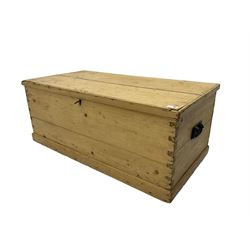 Victorian pine blanket box, hinged lid, with metal carrying handles