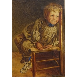  Boy Sat on a Chair Gazing, 19th century watercolour signed with initials A. H. R and dated 1879, 31cm x 21cm  