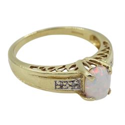 9ct gold single stone oval opal ring, with diamond chip set shoulders, hallmarked 
