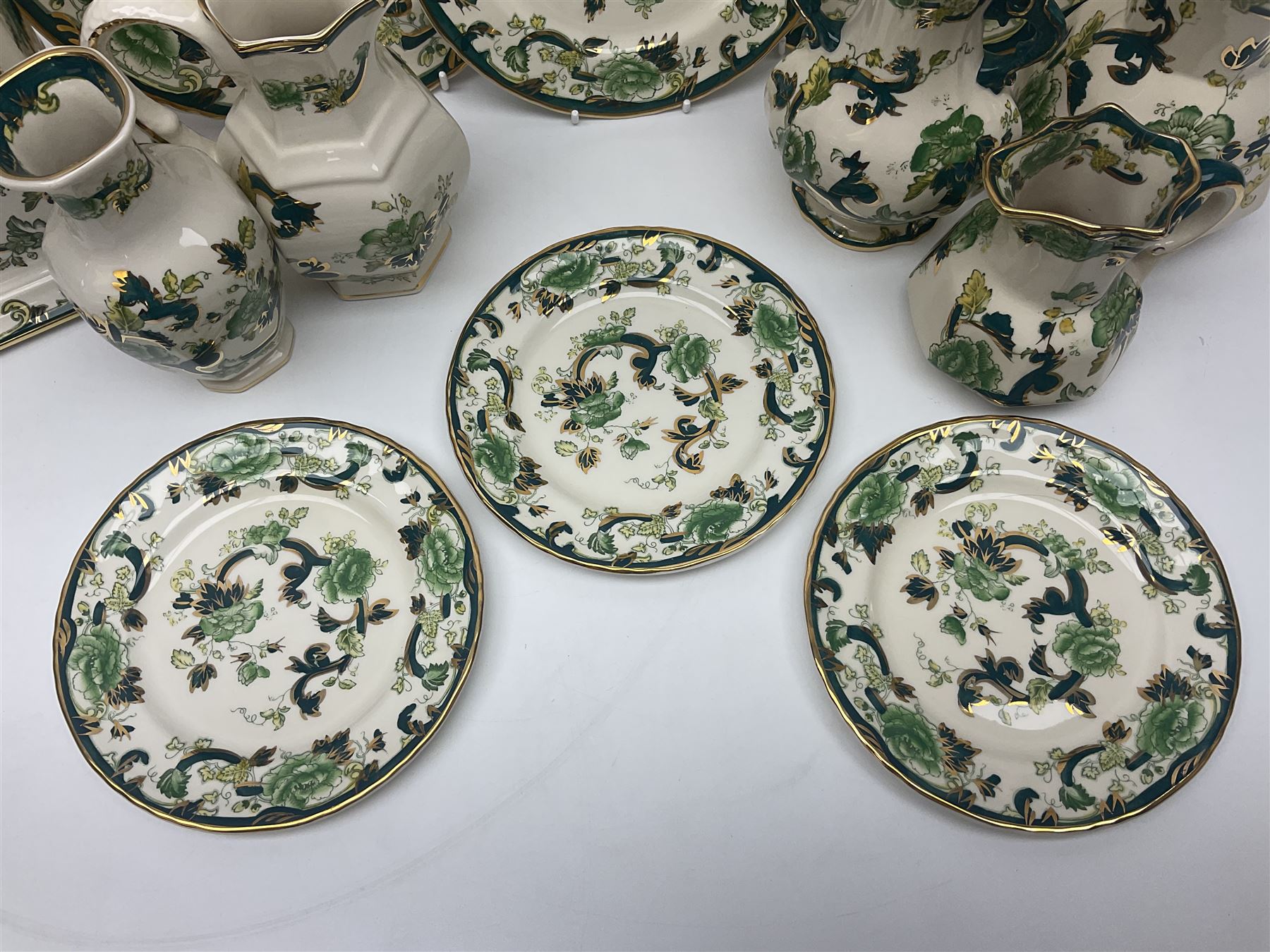 Collection of Masons Ironstone Chartreuse pattern, to include clock, six teacups, twin handled dish, ring dish, plates vases, etc, many with original boxes, clock H24cm 