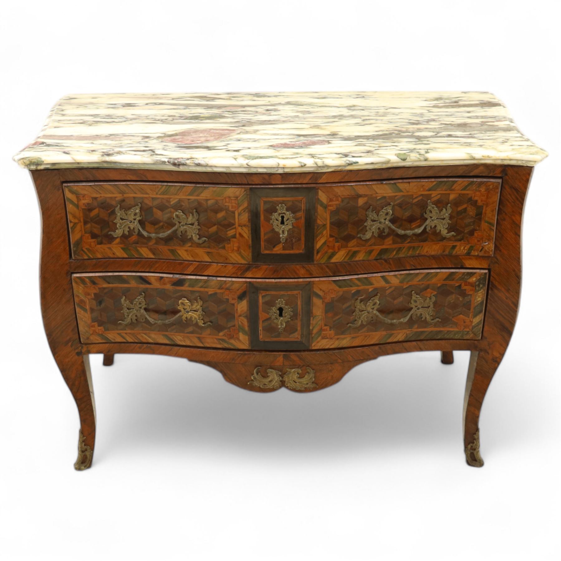 Late 18th-century Louis XV kingwood marquetry commode, rectangular top with original serpentine Breche marble top, above two long crossbanded drawers with rococo style gilt bronze handles and escutcheons in marquetry framed panel in various woods, shaped and centered apron with gilt bronze foliate mounts, sides and drawer fronts with cube geometric marquetry design, on slender cabriole legs with gilt bronze sabots  