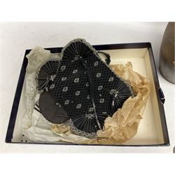 George V silver evening purse, the body of rectangular form with engraved decoration of swags and suspension chain, hallmarked G & C Ltd Birmingham 1918, together with Art Deco black beaded ladies bag (a/f), pair of hallmarked silver cufflinks, hallmarked silver bow brooch, 19th century portable inkwell, Victorian padlock stamped with the crown VR, etc