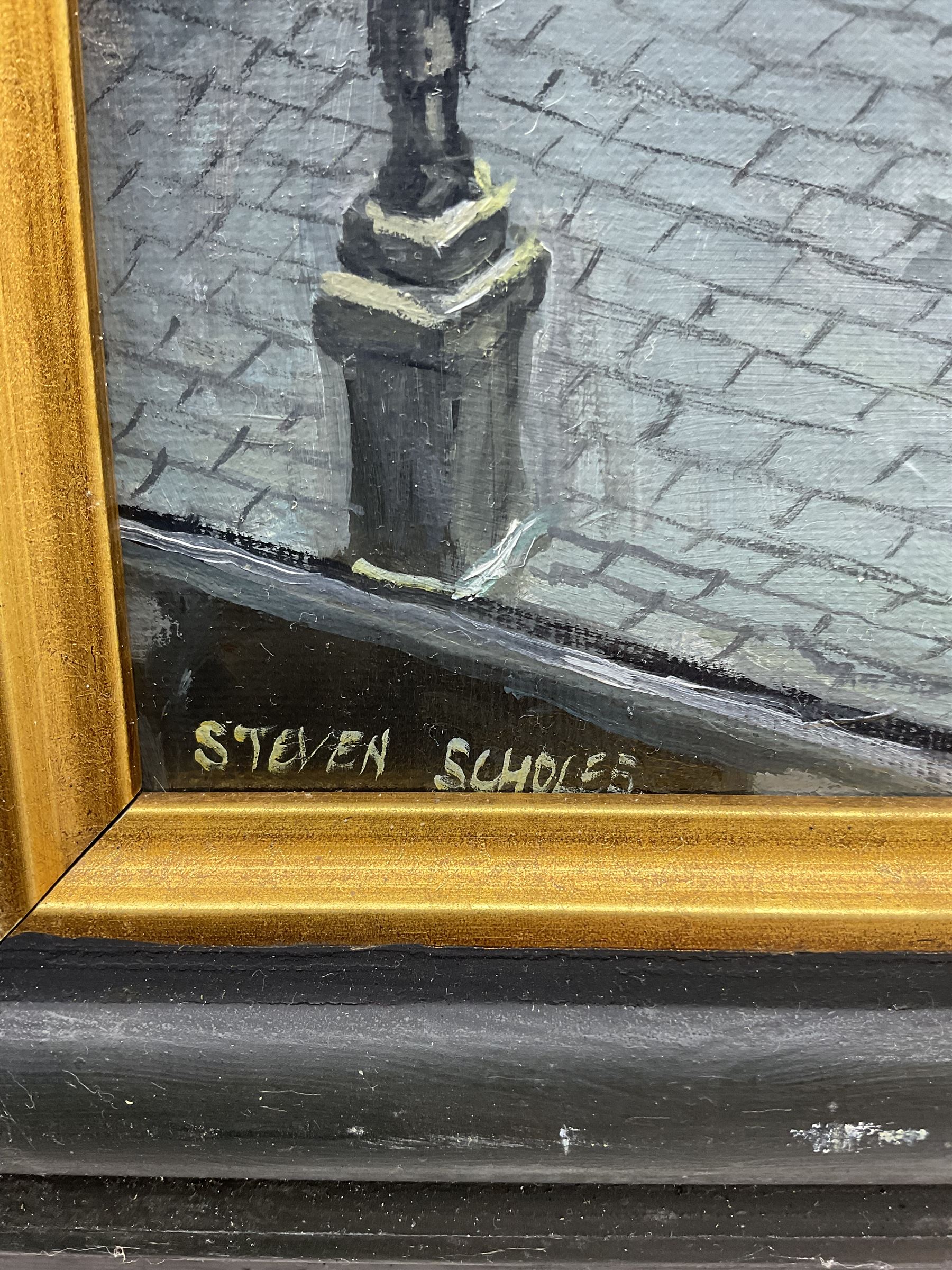 Steven Scholes (Northern British 1952-): 'Rooftops of Manchester', oil on board signed 32cm x 37cm