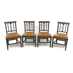 Set of four George III mahogany dining chairs, crest rail inlaid with satinwood stringing, square tapering moulded front legs, W51cm