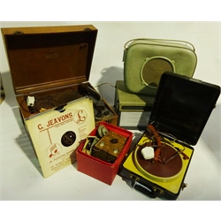  Russian Art Deco style bakelite cased portable mains record player L31cm, Collard Microgram portable mains record player, another by Philips Type NG5051, Teppaz Lyon Oscar record player and small quantity of 78rpm records  