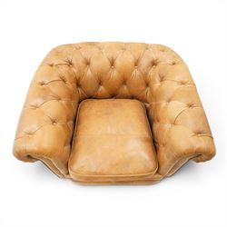 Alexander James - Chesterfield tan armchair, button backed with scrolled arms, brass studded trim raised on light wood turned feet